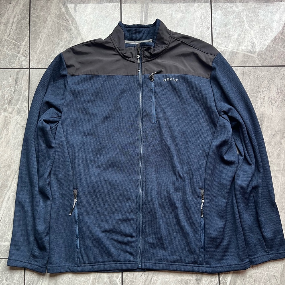 Orvis Mens Navy Bonded Mesh Performance FullZip Jacket Honeycomb Texture Logo XL